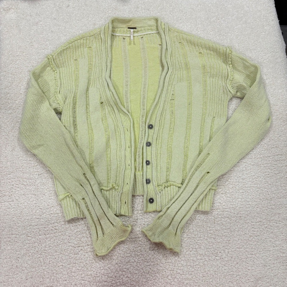 Free People Stevie Distressed Cardigan Pastel Green Button Down Size XS Frilly
